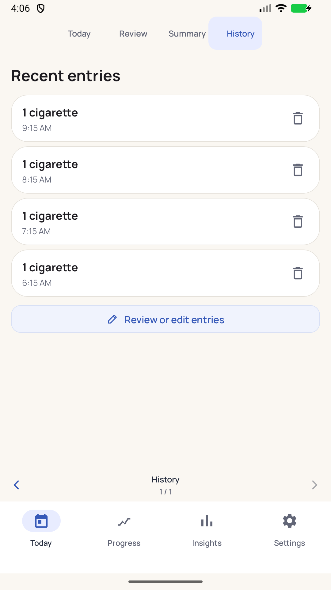 Recorded usage history with editable entries.